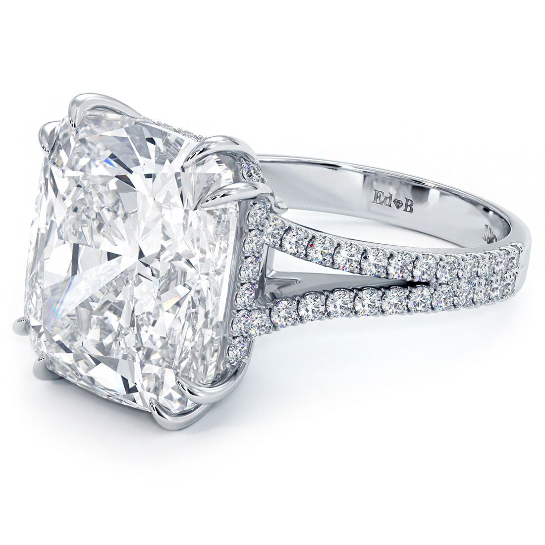 Long Cushion Cut Hidden Halo Basket Head, Double Prongs, Split Shank Diamond Engagement Ring Setting (Center Stone Not Included)