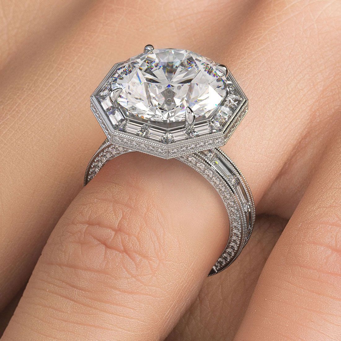 Octagon Halo Milgrain Diamond Engagement Ring Setting With Side Straight Baguettes And Round Diamonds (Center Stone Not Included)