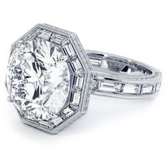 Octagon Halo Milgrain Diamond Engagement Ring Setting With Side Straight Baguettes And Round Diamonds (Center Stone Not Included)