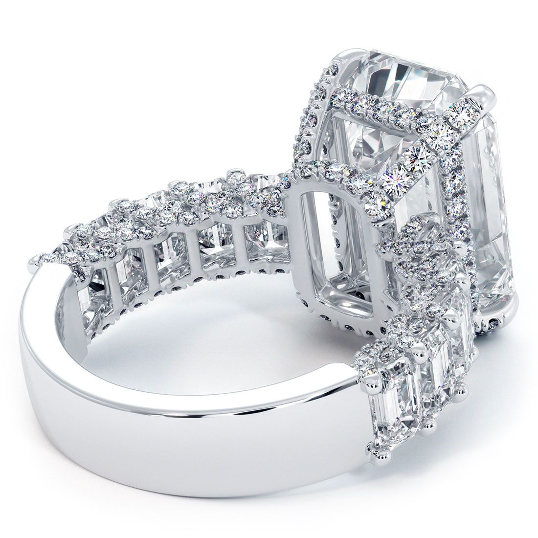 Emerald Cut Micropave Masterpiece Diamond Engagement Ring Setting (Round Diamonds-0.85ct, Emerald Cut Diamonds-4.27ct) (Center Stone Not Included)