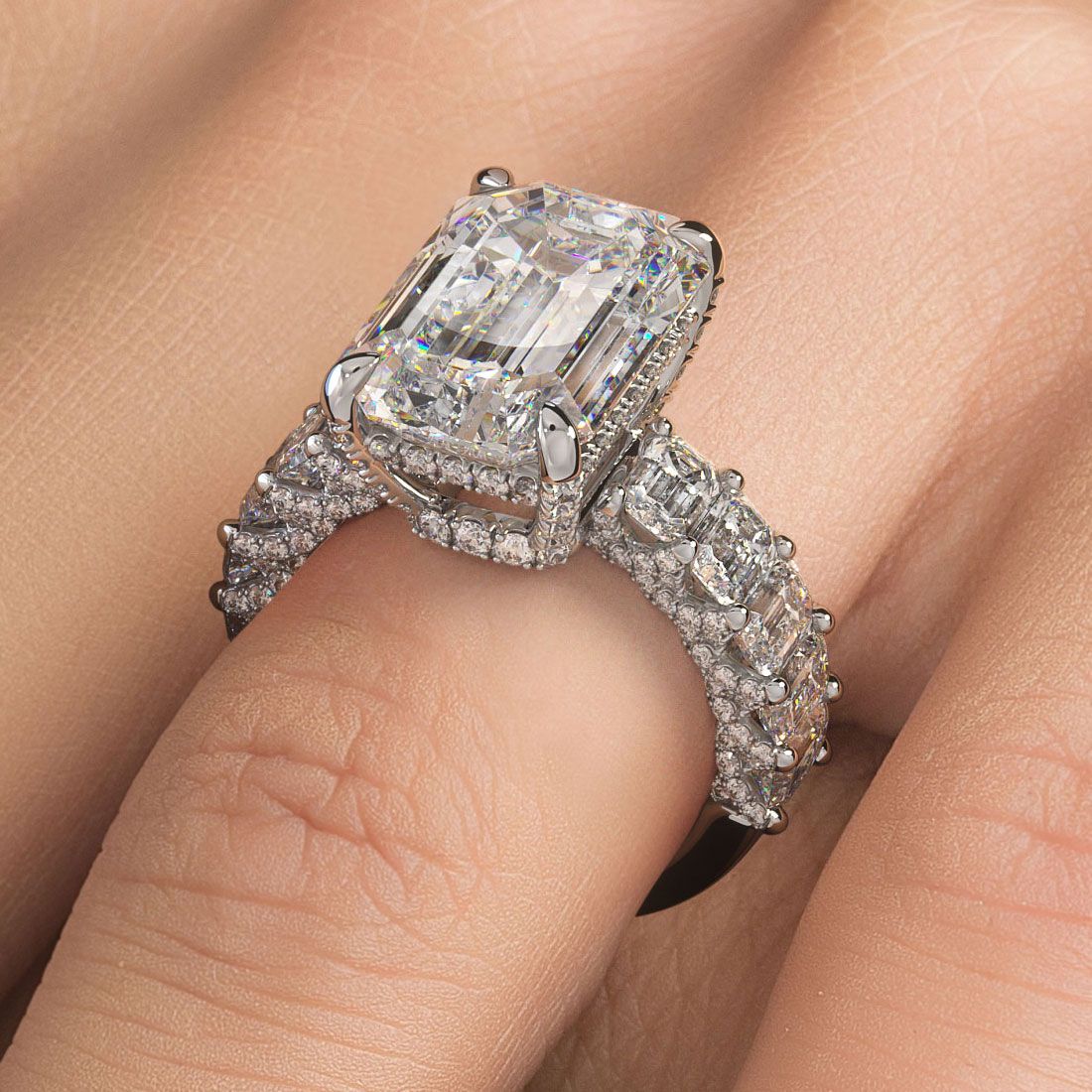 Emerald Cut Center Hidden Halo Basket Head Masterpiece Diamond Engagement Ring Setting (Center Stone Not Included)