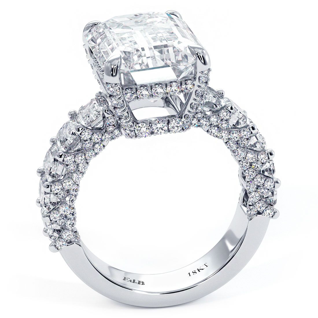 Emerald Cut Micropave Masterpiece Diamond Engagement Ring Setting (Round Diamonds-0.85ct, Emerald Cut Diamonds-4.27ct) (Center Stone Not Included)