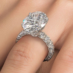 Oval Hidden Halo Basket Head Diamond Engagement Ring Setting With Oval Diamonds On the Shank (Center Stone Not Included)