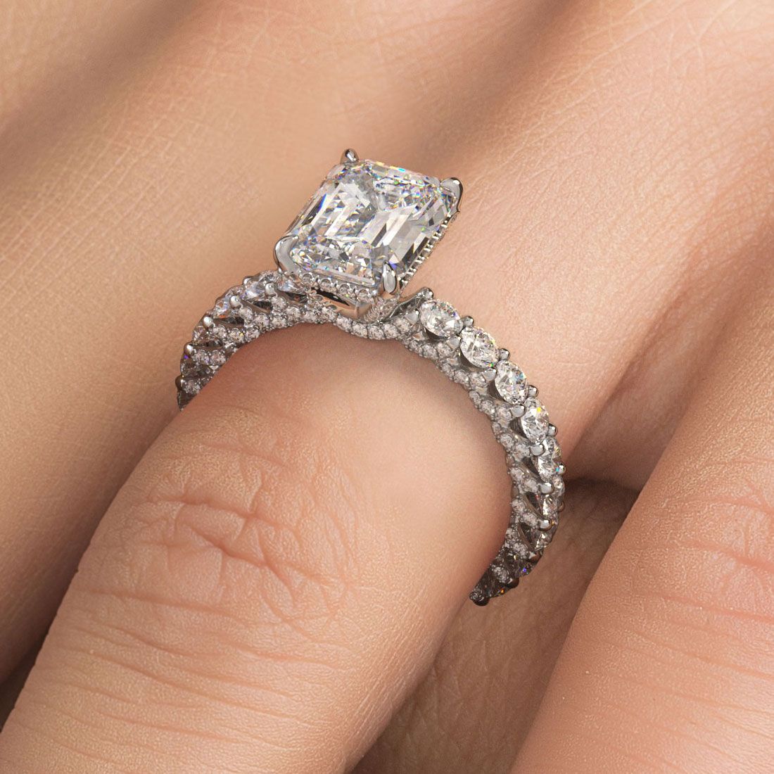 Emerald Cut Hidden Halo Micropave Diamond Engagement Ring Setting (Center Stone Not Included)