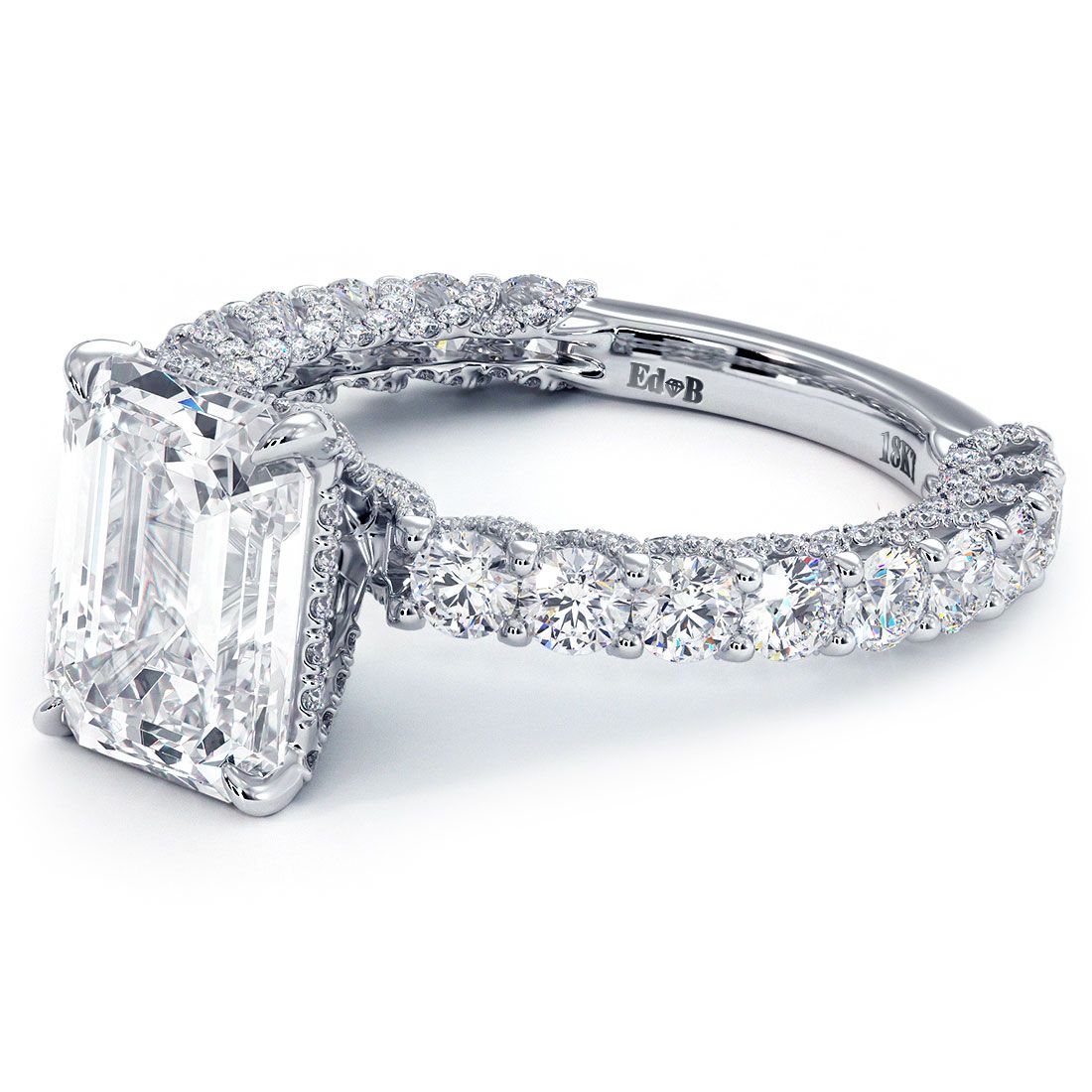 Emerald Cut Hidden Halo Micropave Diamond Engagement Ring Setting (Center Stone Not Included)