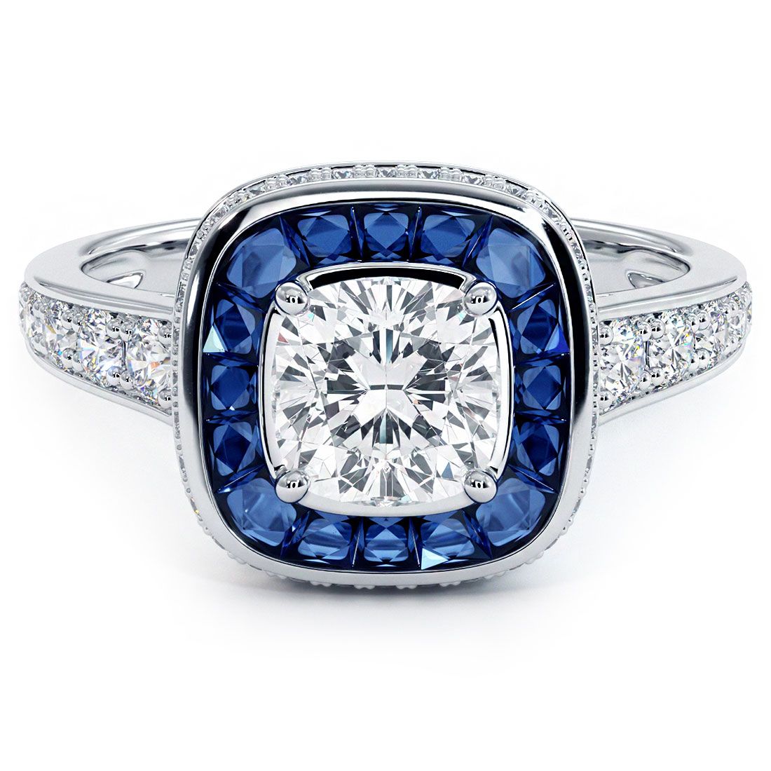 Cushion Halo Art Deco Sapphire & Diamond Engagement Ring Setting (Diamonds-0.36ct, Sapphires-0.75ct) (Center Stone Not Included)