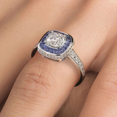 Cushion Halo Art Deco Sapphire & Diamond Engagement Ring Setting (Diamonds-0.36ct, Sapphires-0.75ct) (Center Stone Not Included)