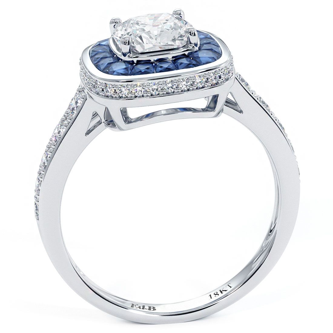 Cushion Halo Art Deco Sapphire & Diamond Engagement Ring Setting (Diamonds-0.36ct, Sapphires-0.75ct) (Center Stone Not Included)