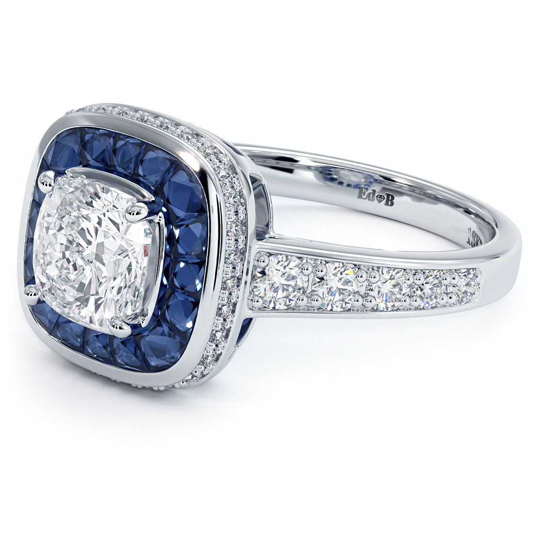 Cushion Halo Art Deco Sapphire & Diamond Engagement Ring Setting (Diamonds-0.36ct, Sapphires-0.75ct) (Center Stone Not Included)