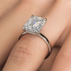 Emerald Cut Hidden Halo Basket Head, Plain Gold Shank, Diamond Engagement Ring Setting (Center Stone Not Included)