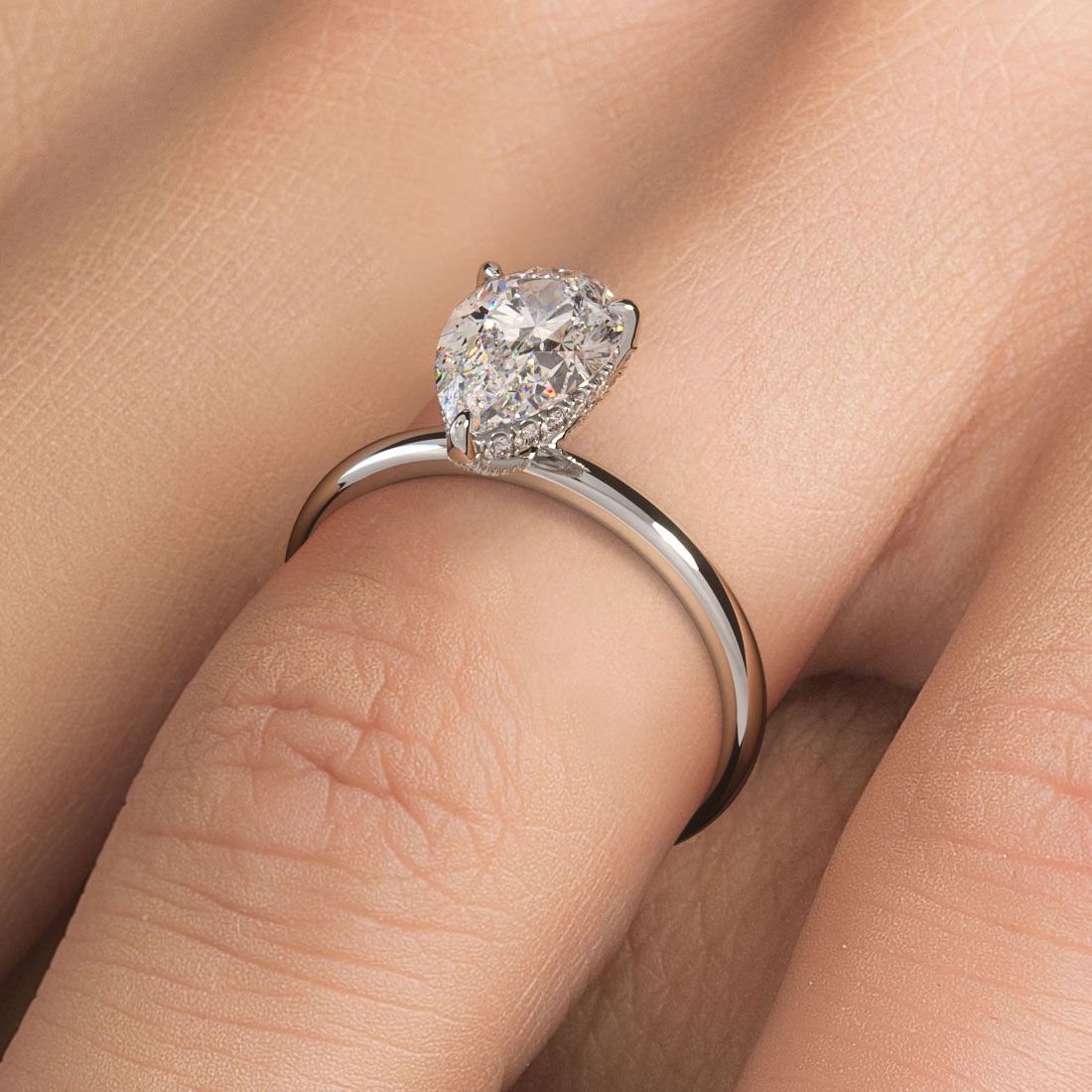 Pear Shape Hidden Halo Micropave Wire Basket With Plain Gold Shank Engagement Ring Setting (Center Stone Not Included)