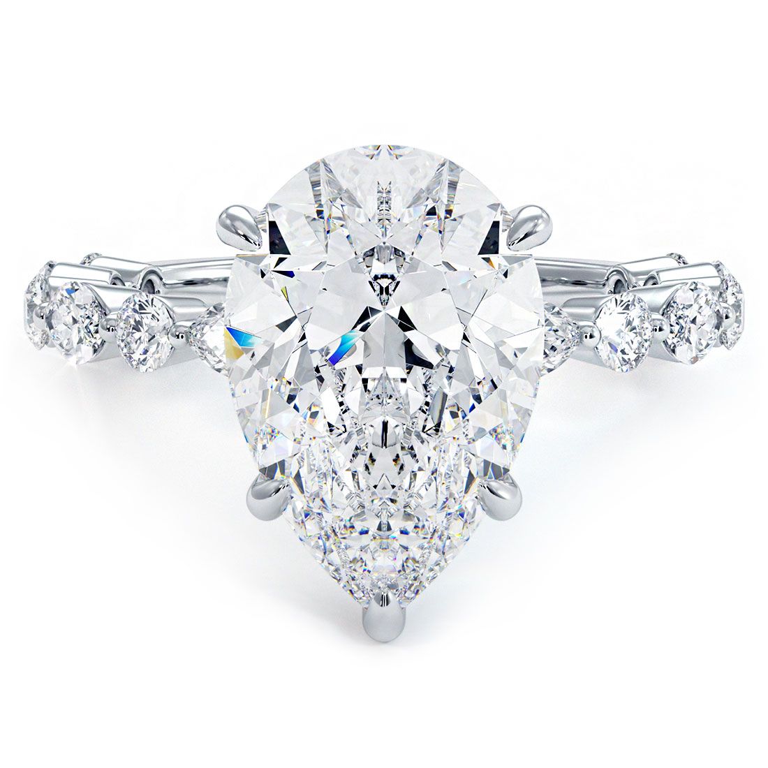 Pear Shape Hidden Halo With Alternating Round & Marquise Diamond Shank Engagement Ring Setting (Center Stone Not Included)