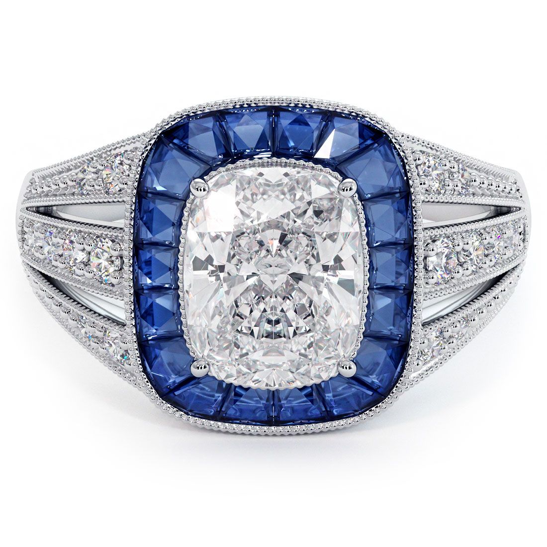 Elongated Cushion Halo Art Deco Sapphire & Diamond Engagement Ring Setting (Diamonds-0.15ct, Sapphires-1.15ct) (Center Stone Not Included)