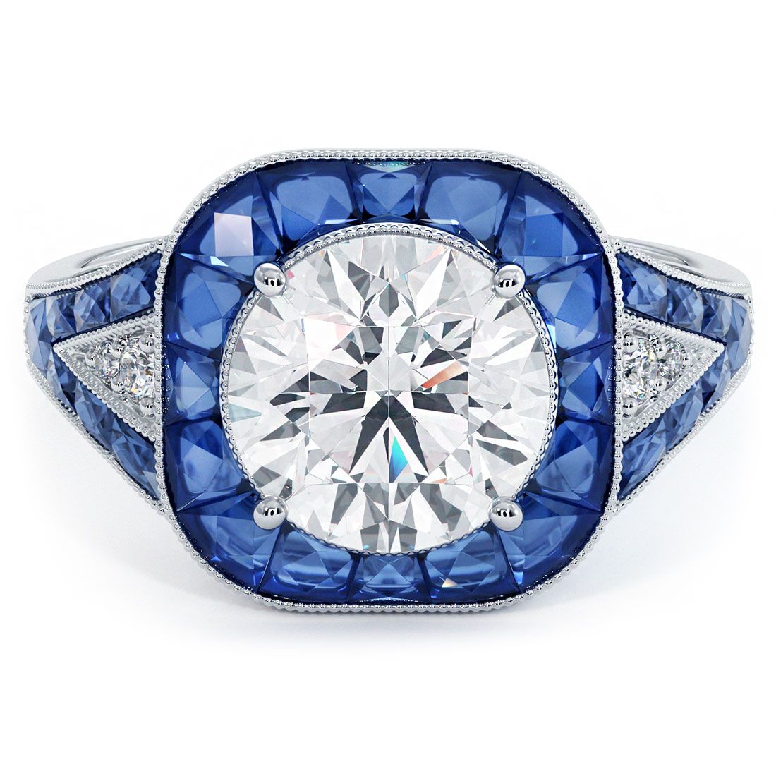 Cushion Halo Art Deco Sapphire & Diamond Engagement Ring Setting (Diamonds-0.05ct, Sapphires-2.0ct) (Center Stone Not Included)