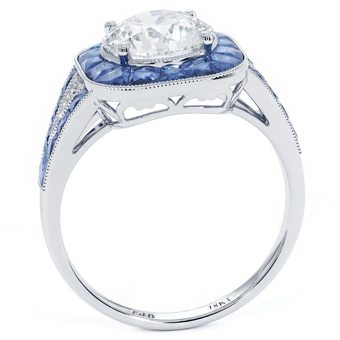 Cushion Halo Art Deco Sapphire & Diamond Engagement Ring Setting (Diamonds-0.05ct, Sapphires-2.0ct) (Center Stone Not Included)