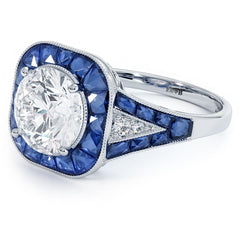 Cushion Halo Art Deco Sapphire & Diamond Engagement Ring Setting (Diamonds-0.05ct, Sapphires-2.0ct) (Center Stone Not Included)