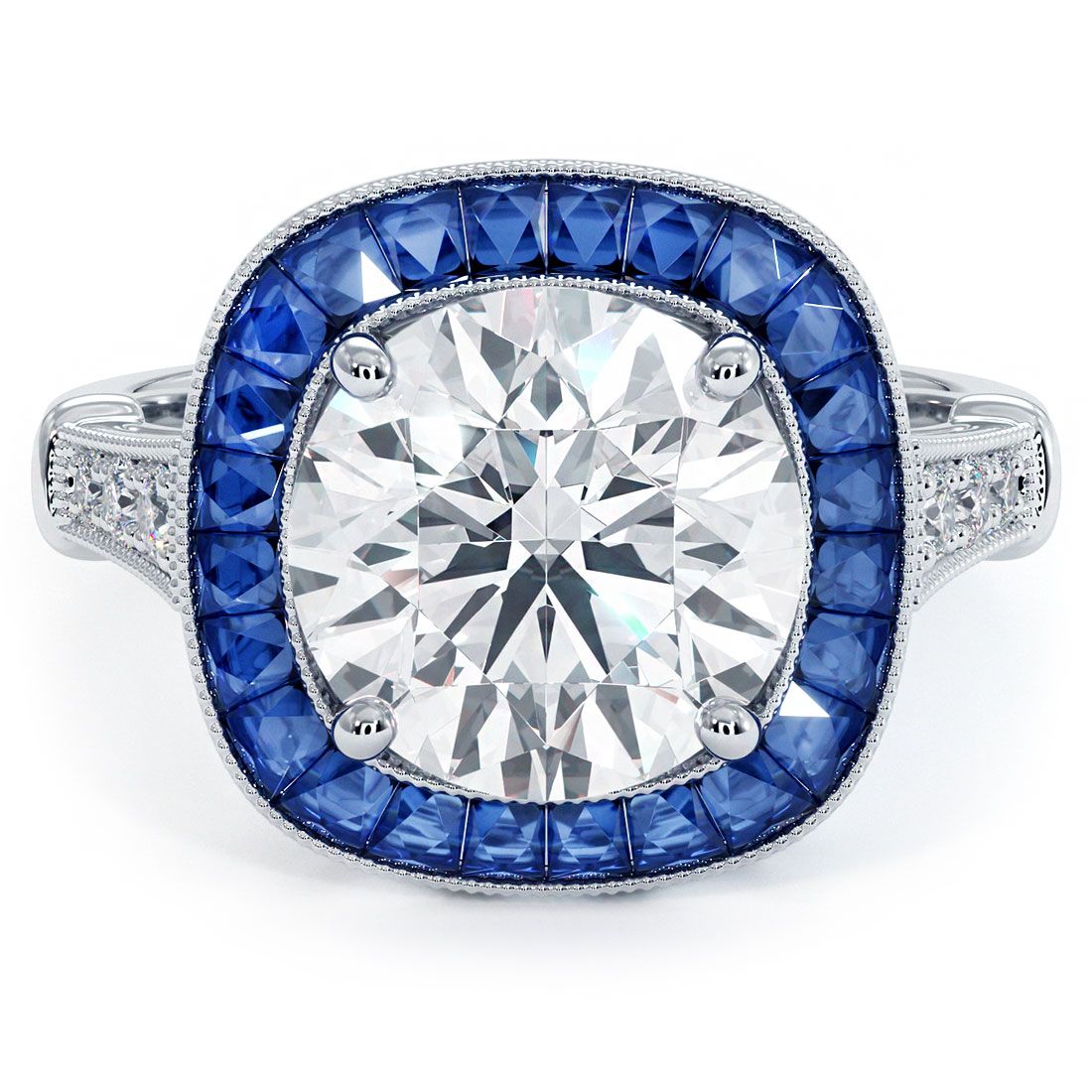 Cushion Halo Art Deco Sapphire & Diamond Engagement Ring Setting (Diamonds-0.12ct, Sapphires-1.35ct) (Center Stone Not Included)