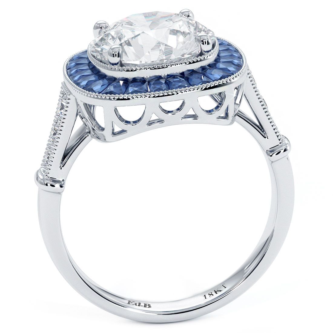 Cushion Halo Art Deco Sapphire & Diamond Engagement Ring Setting (Diamonds-0.12ct, Sapphires-1.35ct) (Center Stone Not Included)