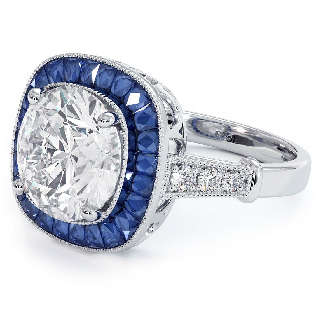 Cushion Halo Art Deco Sapphire & Diamond Engagement Ring Setting (Diamonds-0.12ct, Sapphires-1.35ct) (Center Stone Not Included)