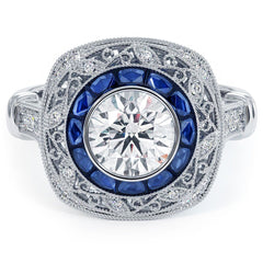 Cushion Halo Art Deco Sapphire & Diamond Engagement Ring Setting (Diamonds-0.20ct, Sapphires-0.65ct) (Center Stone Not Included)