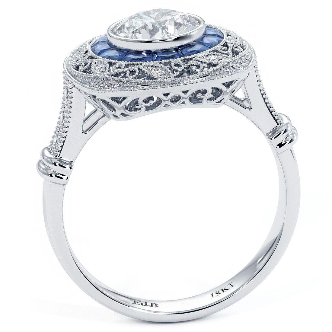 Cushion Halo Art Deco Sapphire & Diamond Engagement Ring Setting (Diamonds-0.20ct, Sapphires-0.65ct) (Center Stone Not Included)