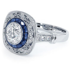 Cushion Halo Art Deco Sapphire & Diamond Engagement Ring Setting (Diamonds-0.20ct, Sapphires-0.65ct) (Center Stone Not Included)