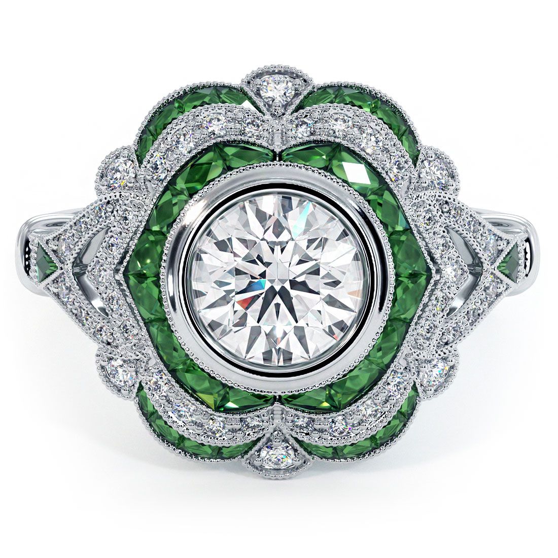 Antique Halo Art Deco Emerald & Diamond Engagement Ring Setting (Diamonds-0.30ct, Emeralds-0.70ct) (Center Stone Not Included)