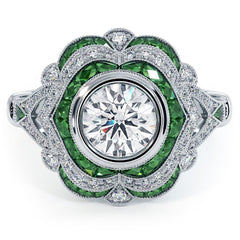 Antique Halo Art Deco Emerald & Diamond Engagement Ring Setting (Diamonds-0.30ct, Emeralds-0.70ct) (Center Stone Not Included)