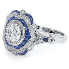 Antique Halo Art Deco Sapphire & Diamond Engagement Ring Setting (Diamonds-0.30ct, Sapphires-1.10ct) (Center Stone Not Included)