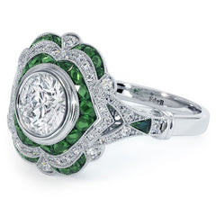 Antique Halo Art Deco Emerald & Diamond Engagement Ring Setting (Diamonds-0.30ct, Emeralds-0.70ct) (Center Stone Not Included)