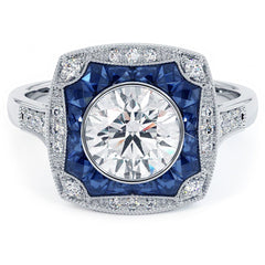 Cushion Halo Art Deco Sapphire & Diamond Engagement Ring Setting (Diamonds-0.25ct, Sapphires-1.20ct) (Center Stone Not Included)