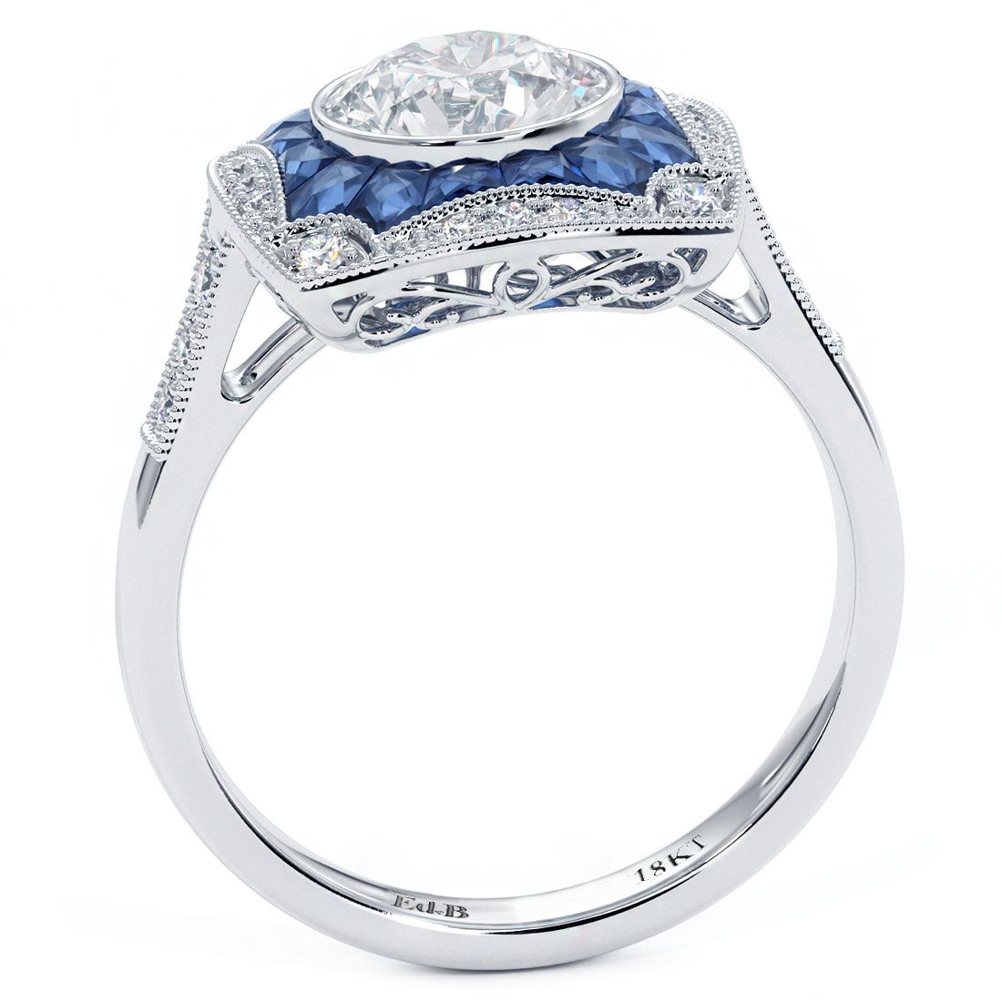 Cushion Halo Art Deco Sapphire & Diamond Engagement Ring Setting (Diamonds-0.25ct, Sapphires-1.20ct) (Center Stone Not Included)