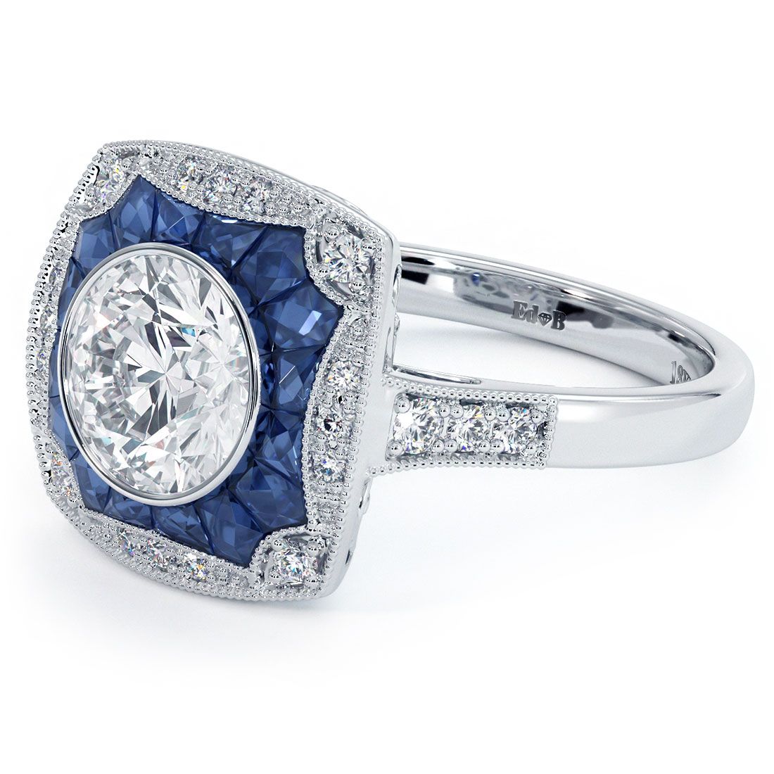 Cushion Halo Art Deco Sapphire & Diamond Engagement Ring Setting (Diamonds-0.25ct, Sapphires-1.20ct) (Center Stone Not Included)