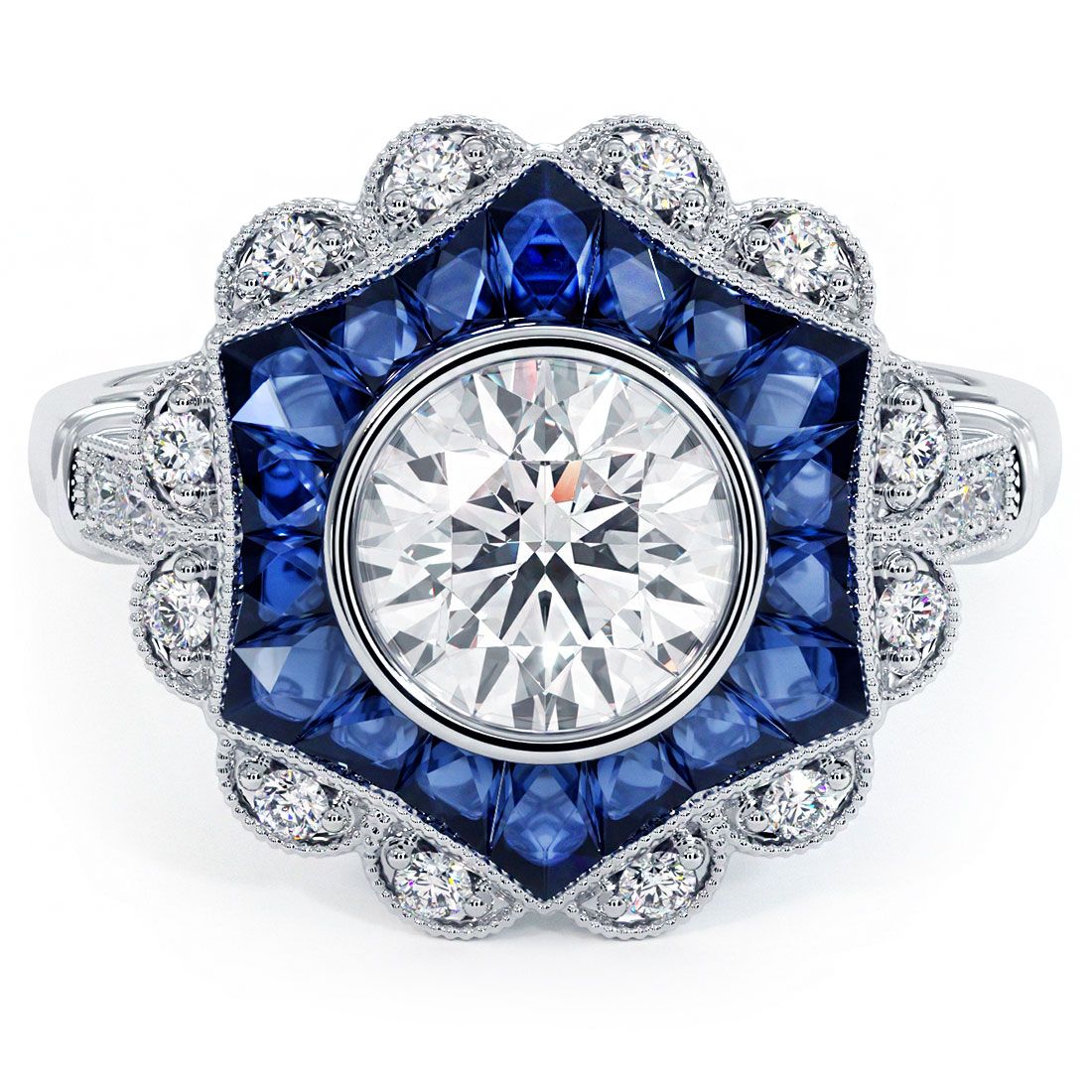 Antique Halo Art Deco Sapphire & Diamond Engagement Ring Setting (Diamonds-0.20ct, Sapphires-1.10ct) (Center Stone Not Included)