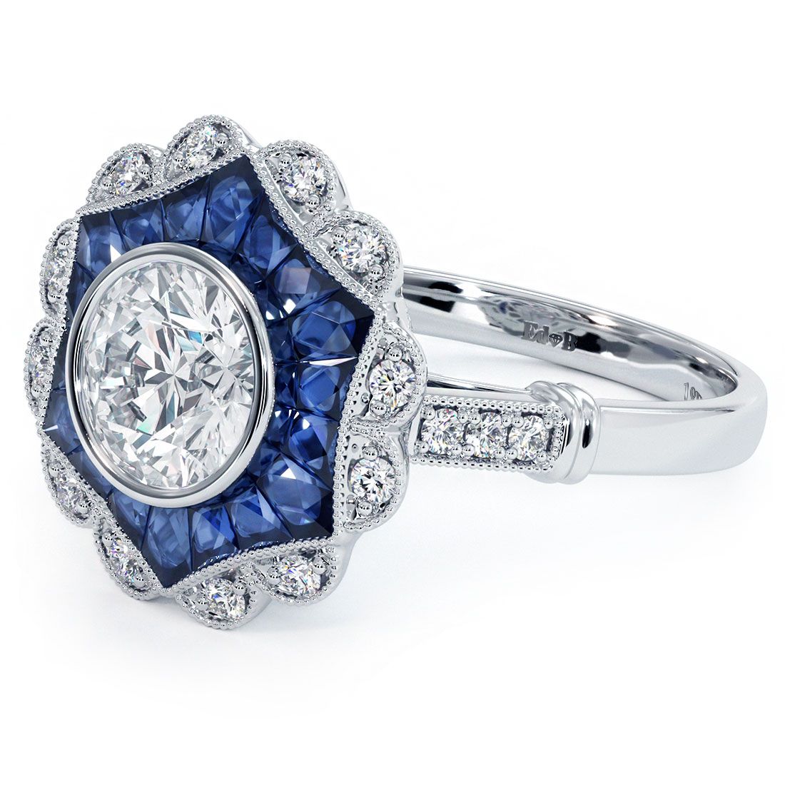 Antique Halo Art Deco Sapphire & Diamond Engagement Ring Setting (Diamonds-0.20ct, Sapphires-1.10ct) (Center Stone Not Included)